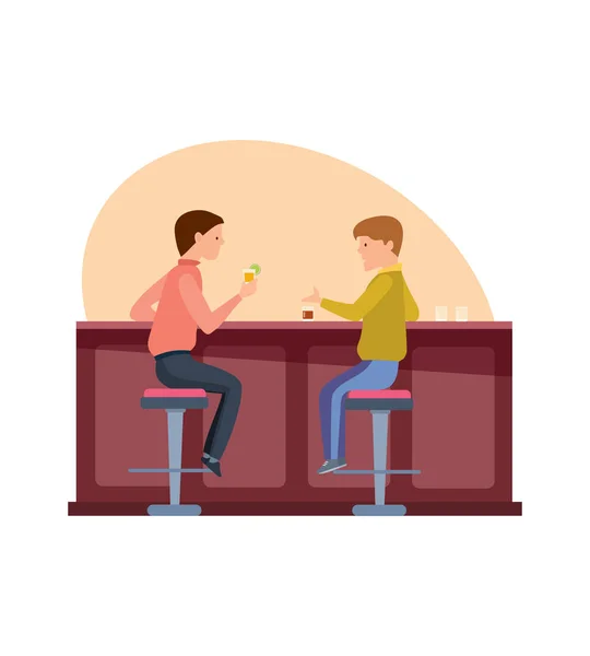 Reunión de jóvenes hombres divertidos y sonrientes, amigos felices comiendo en el bar, sentados, hablando y bebiendo cóctel . — Vector de stock