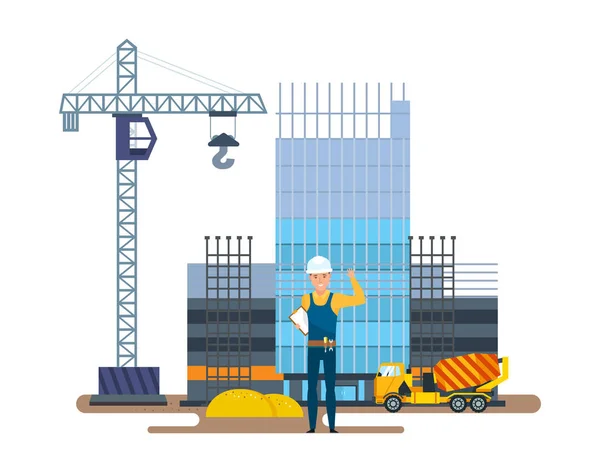 Chief of production against background of multi-storey building under construction. — Stock Vector