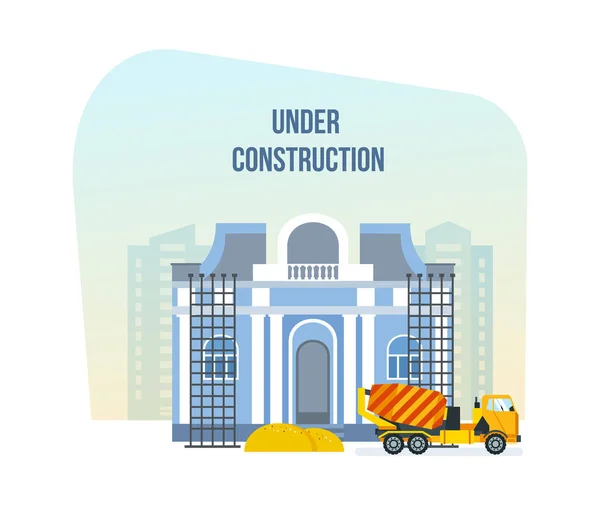 Museum, under construction, next to construction materials and machinery. — Stock Vector