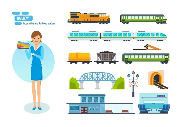 Locomotives ferroviaires, wagons de voyageurs, trains de vitesse, gare, transport de marchandises . — Image vectorielle