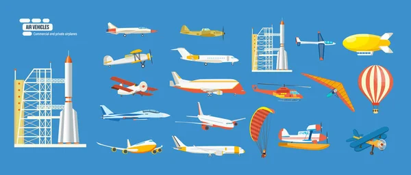Légi járművek: rakéta, helikopter, léghajó, léggömb, siklóernyő, kétfedelű, vitorlázó, repülők. — Stock Vector