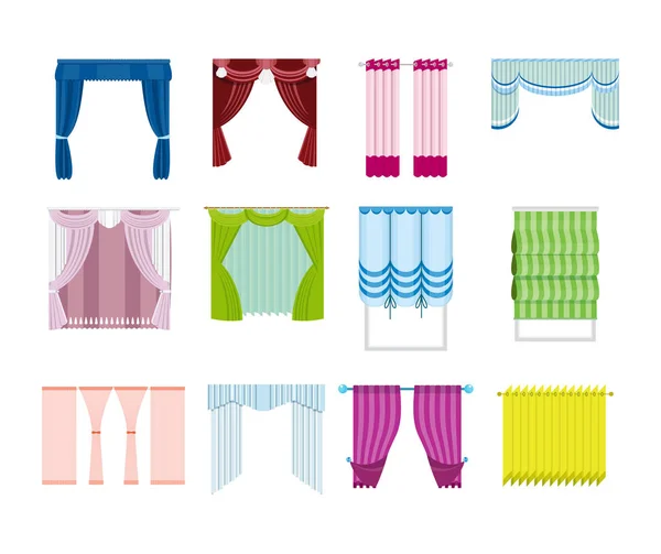 Uppsättning av olika gardiner, dekorativa, från olika material, typer, färger. — Stock vektor