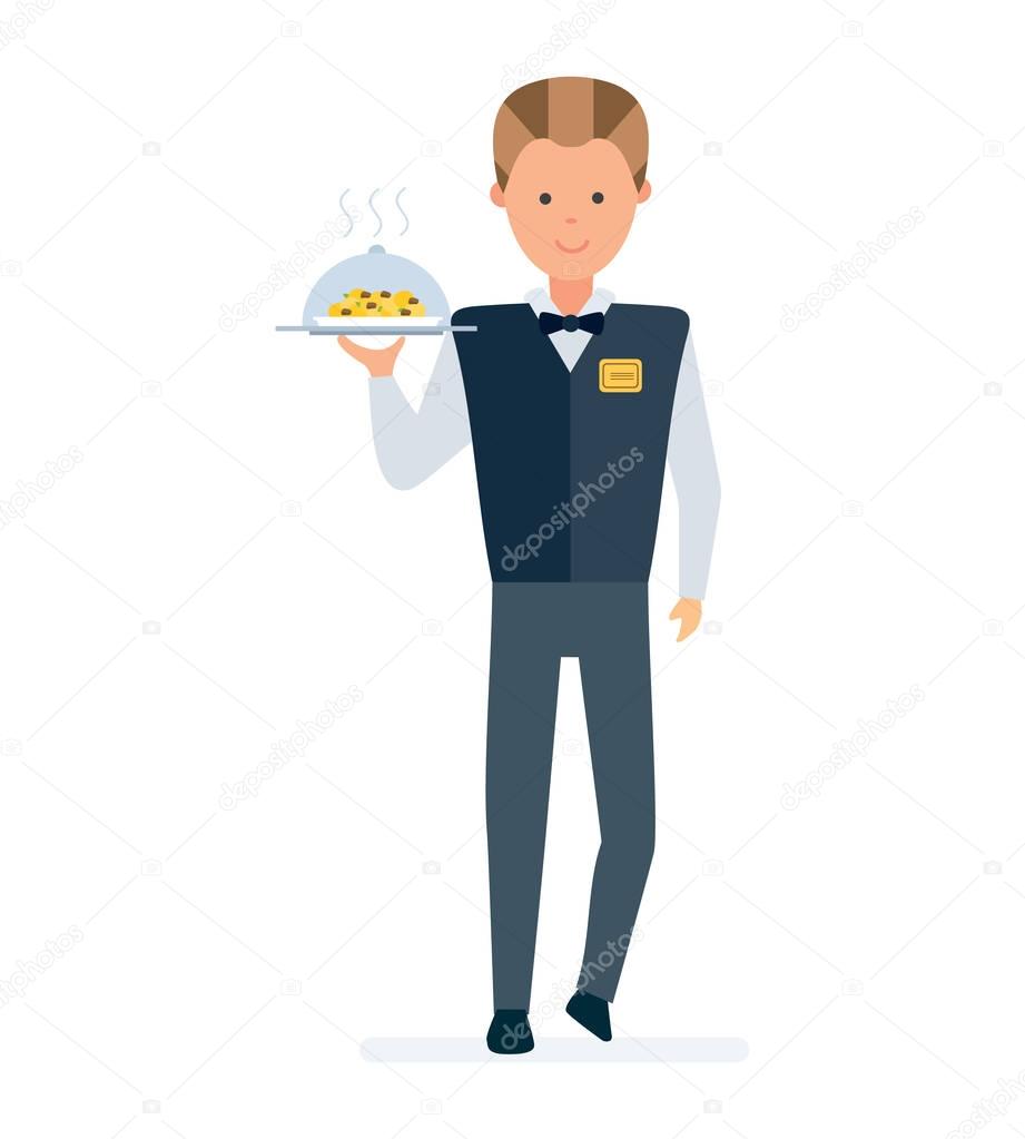 Restaurant waiter, in branded clothes takes order, brings a dish.