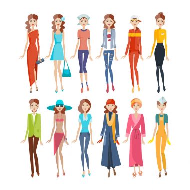 Kadınlar farklı kıyafetler, abiye, spor giyim, rahat kümesi.