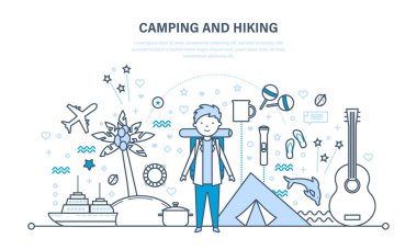 Kamp ve yürüyüş. Yaz seyahat, ekipman, aktif dinlenme açık havada hiking.