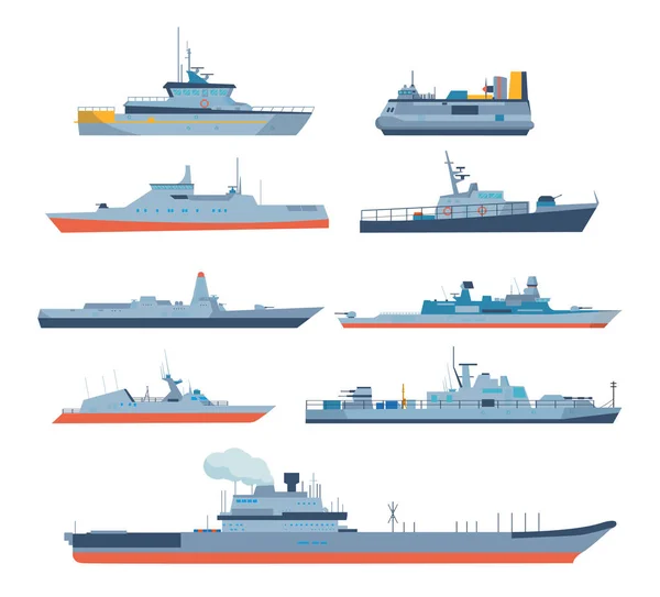 Zestaw statków w nowoczesnym stylu płaski: statki, łodzie, promy. — Wektor stockowy