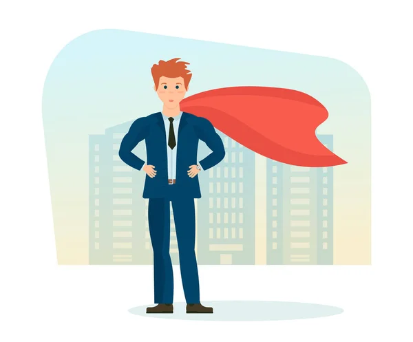 Businessman is superhero, in business clothes on background of city. — Stock Vector