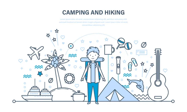 Camping a turistika. Letní cestování, turistické vybavení, aktivního odpočinku venku. — Stockový vektor