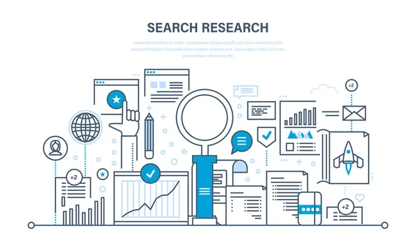 Поисковые исследования, анализ информации, услуг, маркетинга, информации, статистики, аналитики . — стоковый вектор