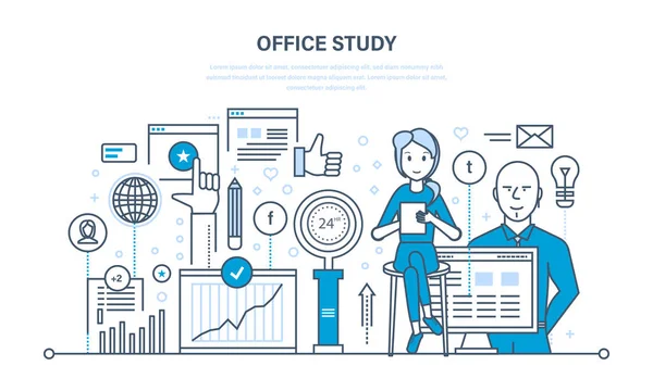 Úřad studie, vyhledávací výzkum, analýza informací, marketing, komunikace, statistiky. — Stockový vektor