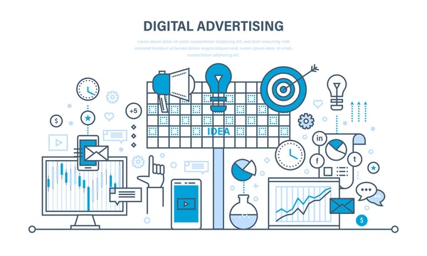 디지털 광고, 마케팅, 미디어 기획, 프로 모션, 온라인 비즈니스, 시장 조사. — 스톡 벡터