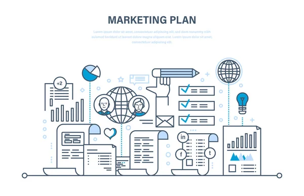 Plan de marketing, publicidad empresarial, comercio electrónico, SEO, branding, promociones, estrategia, planificación . — Vector de stock