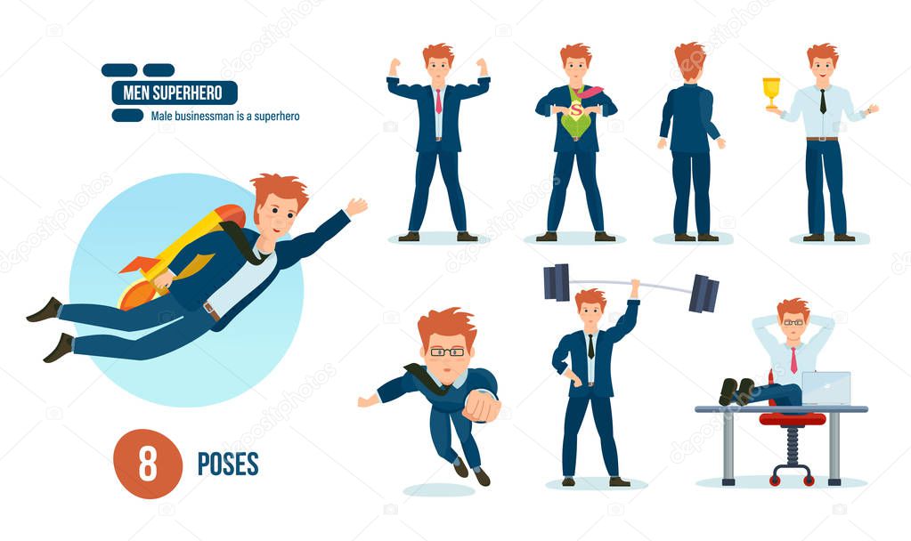 Businessman is superhero, beautiful business clothes in various poses, situations.