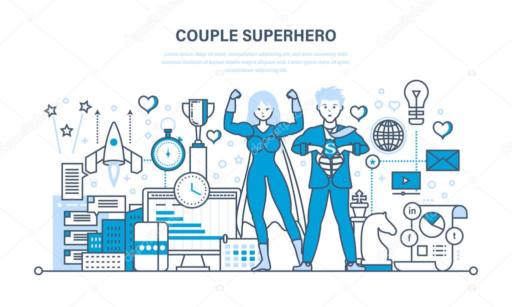 Couple business people is superhero, in business clothes, management, planning.