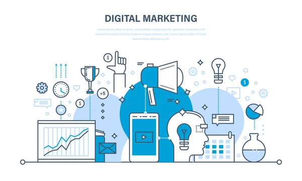 Digitales Marketing, Medienplanung, Online-Geschäft, Einkauf, Finanzanalyse, Statistik. — Stockvektor