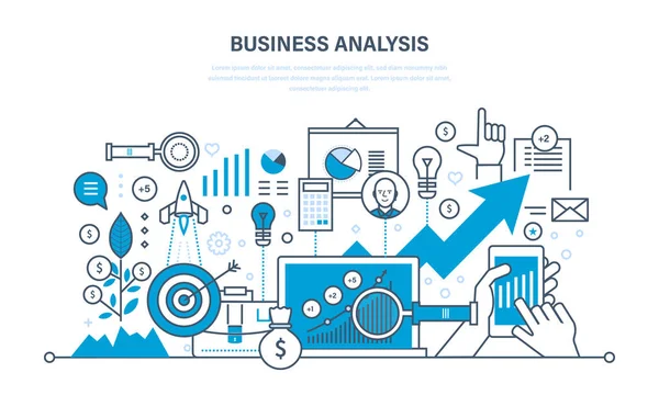 Üzleti elemzés, analytics adatok, kutatási, hova stratégia és tervezés, marketing. — Stock Vector