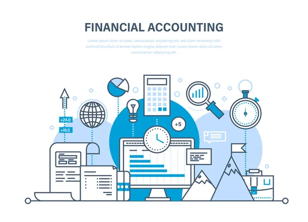 Financial accounting, analyse, marktonderzoek, deposito's, bijdragen, besparingen, statistieken, management. — Stockvector