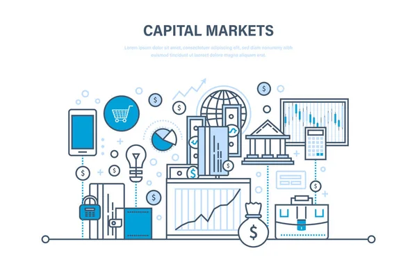 Pasar modal, perdagangan, perbankan daring, e-commerce, pertumbuhan investasi, pemasaran, keuangan . - Stok Vektor