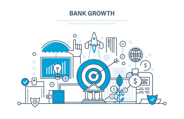 Bankenwachstum, Investitionen, Sicherheit von Einlagen und Zahlungen, Ersparnisse, E-Commerce. — Stockvektor