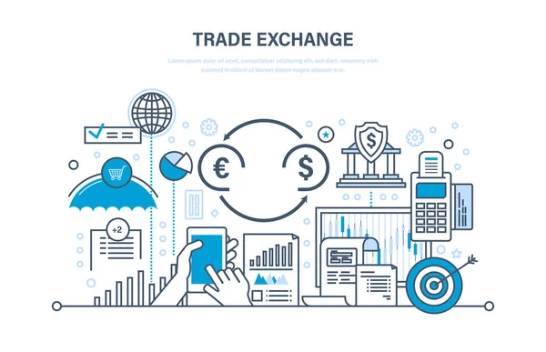贸易交流、 交易、 保护、 金融、 经济指标、 交易增长. — 图库矢量图片