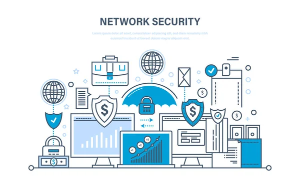 Sieci bezpieczeństwa, ochrony danych osobowych, zabezpieczenia płatności, bazy danych bezpieczne. — Wektor stockowy
