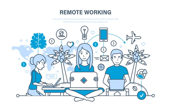 Trabalho remoto, freelancer, tecnologia da informação, local de trabalho, ferramentas freelancer, espaço de trabalho . — Vetor de Stock