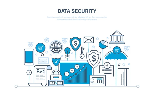 Biztonsági, adatintegritás, védelem, biztonsági betétek, kifizetések, garancia az információ integritása. — Stock Vector