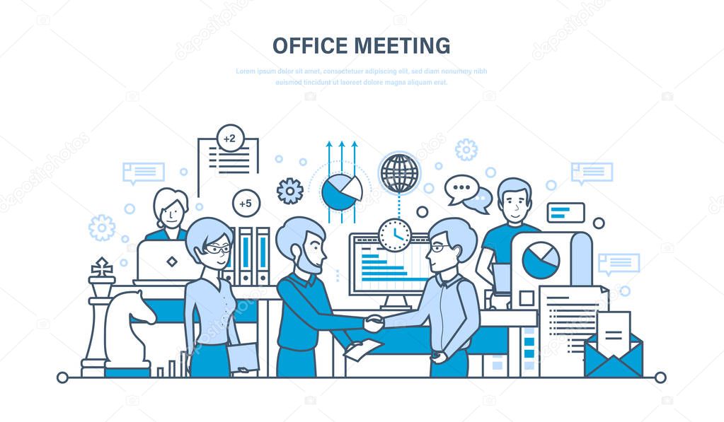 Office meeting, workflow space, teamwork, partnership, exchange of information, communications.