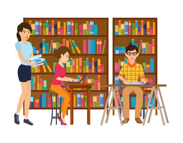 Ανθρώπους στη βιβλιοθήκη, που ψάχνουν για πληροφορίες, εργασία με υλικά, λογοτεχνία. — Διανυσματικό Αρχείο