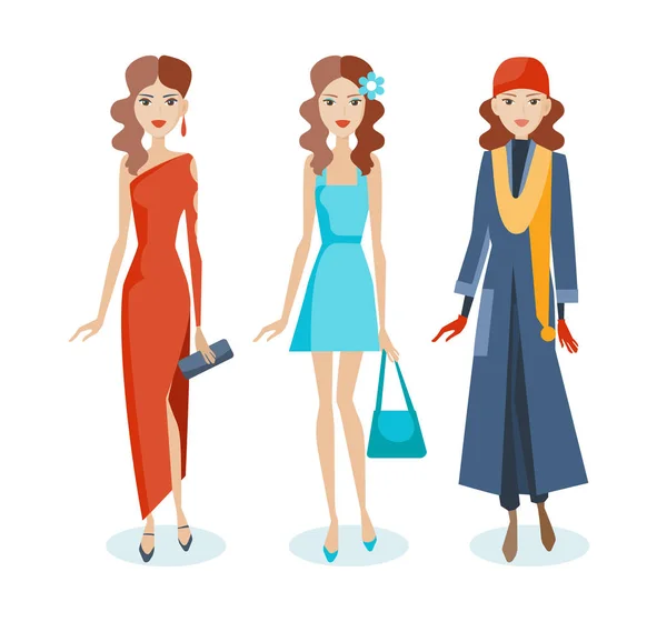 Conjunto de meninas em vestidos, sarafans, roupas de outono, com acessórios . — Vetor de Stock