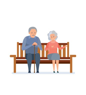 Bir bankta oturan güzel yaşlı çift onlar sakin ol, iletişim.