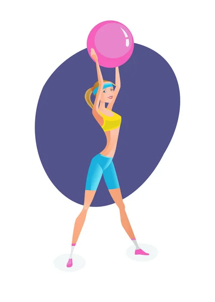 Κορίτσι που ασχολούνται με την άσκηση θεραπείας, κάνει ασκήσεις με μπάλα από καουτσούκ. — Διανυσματικό Αρχείο