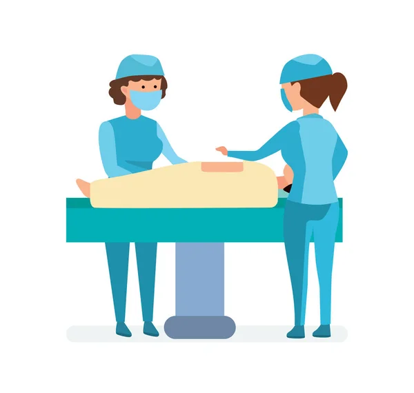 Workers on operation, take patient on table, help each other. — Stock Vector
