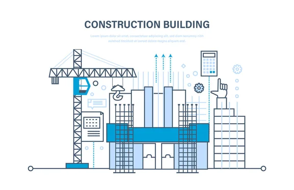 Travaux de construction architecturale, chantier, avec équipement technique et machines . — Image vectorielle