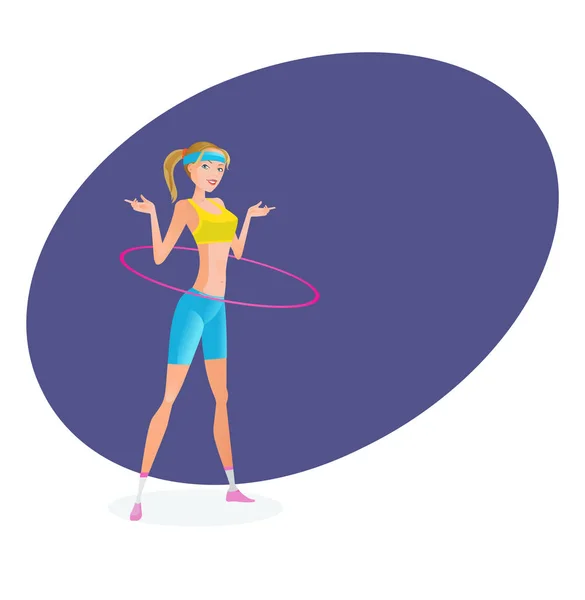 La ragazza in abbigliamento sportivo estivo, perfeziona la figura, è impegnata con cerchio . — Vettoriale Stock