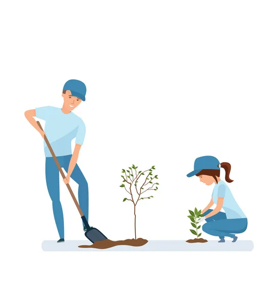 Mężczyzna i kobieta trzyma łopata i sadzenie roślin i drzew. — Wektor stockowy