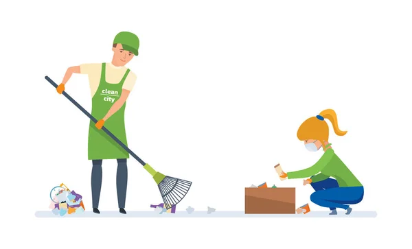 Voluntários envolvidos na limpeza de lixo, para posterior processamento sem resíduos . —  Vetores de Stock