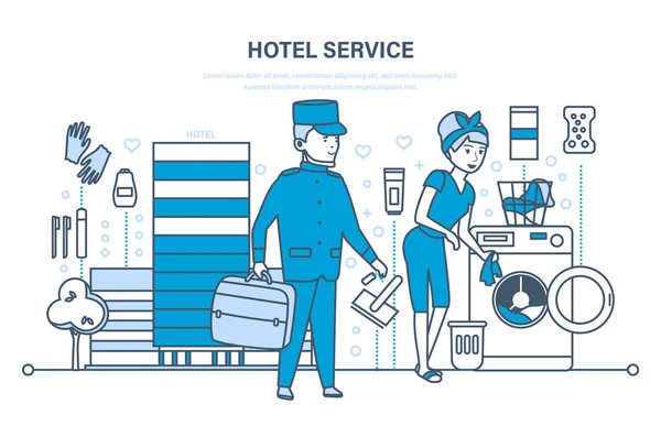Υπηρεσίες ξενοδοχείου, αστικό τοπίο και το περιβάλλον, προσωπικό, σύσκεψη, υπηρεσία. — Διανυσματικό Αρχείο