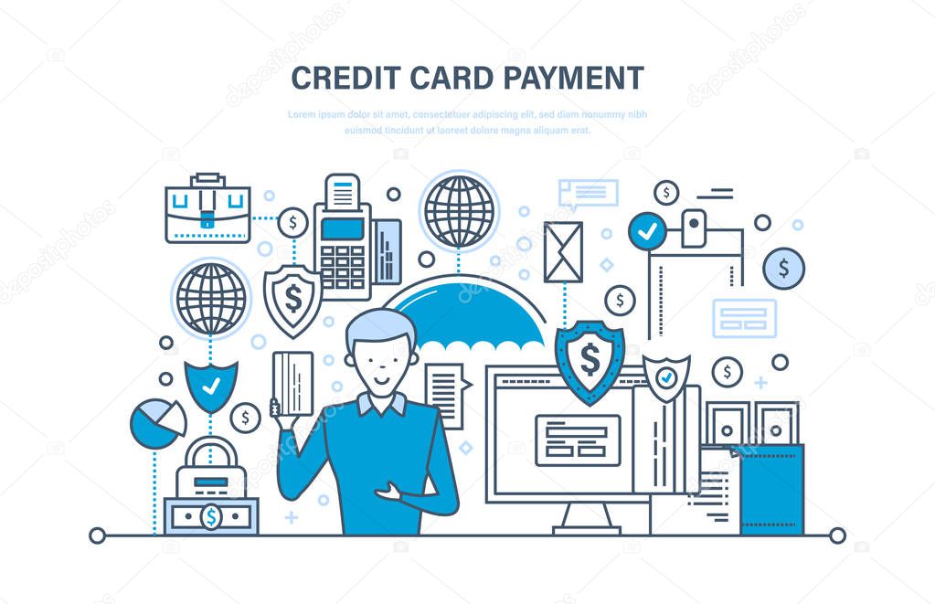 Credit card payment, secure transactions, finance, bank, banking, money transfers.
