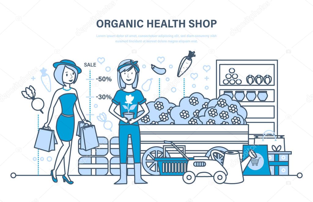 Girl attends organic health store, cashier puts goods on showcase.