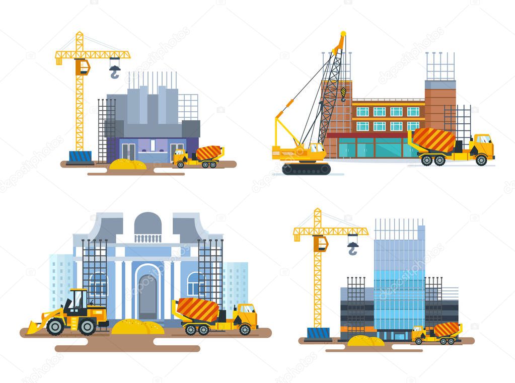 Process of building houses with help special equipment and transport.