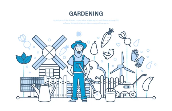 Trädgårdsskötsel, trädgård element. Gård, organiskt eco produkter. Bonde, står nära växter. — Stock vektor