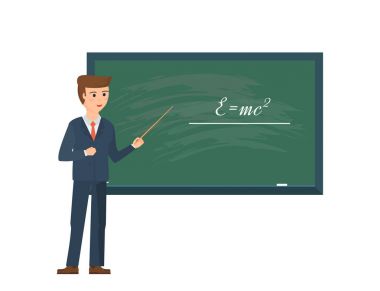 Öğretmen, boş okul karatahta önünde duran Profesör.