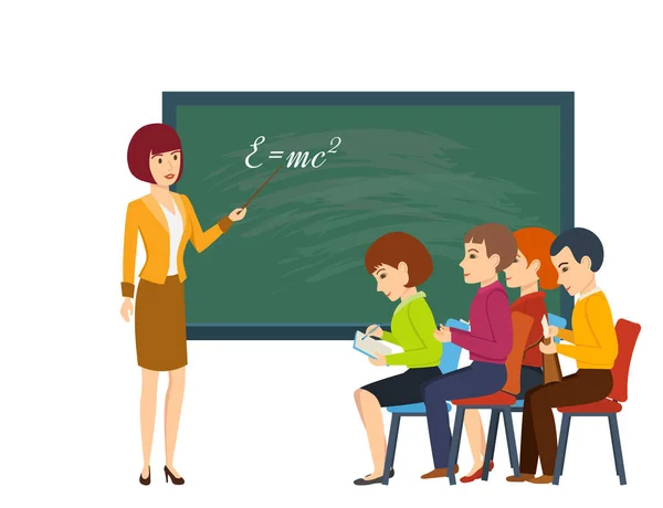 Jeune femme en classe, enseigne aux élèves et raconte du matériel d'information . — Image vectorielle