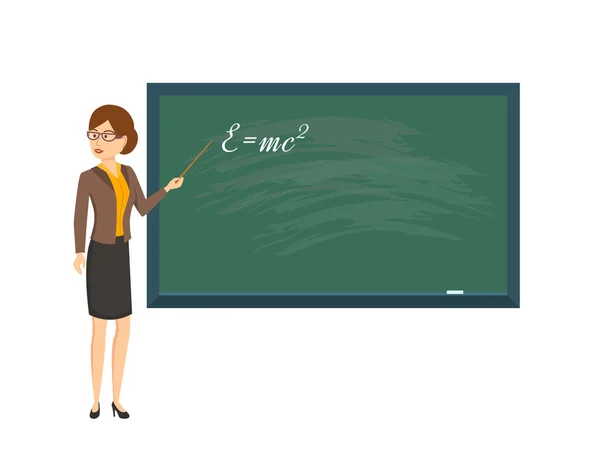 Woman teacher in physics class, with pointer in hand. — Stock Vector