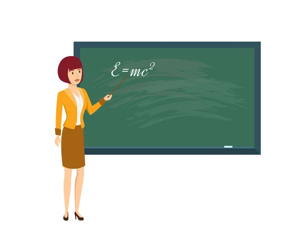 Жінка вчителька в класі фізики, з вказівником в руці . — стоковий вектор