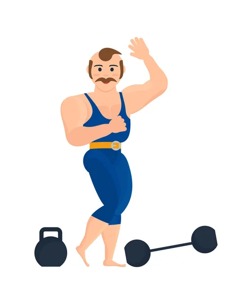 Αθλητής, με ριγέ κοστούμι, δείχνει ασκήσεις ενδυνάμωσης με αλτήρες και barbell. — Διανυσματικό Αρχείο