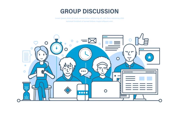 グループ ディスカッション、コミュニケーション、協力、チームワーク、パートナーシップ、会話への統合アプローチ. — ストックベクタ