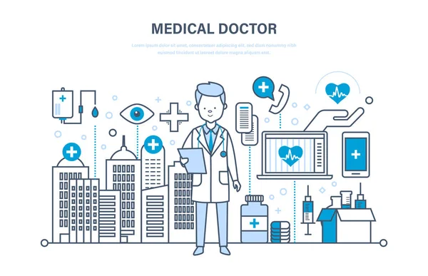 Médecin thérapeute en robe de chambre médicale avec documents, carte de patients . — Image vectorielle