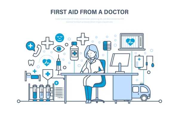 Primeros auxilios del médico, medicina moderna, atención médica, atención médica, seguro . — Vector de stock